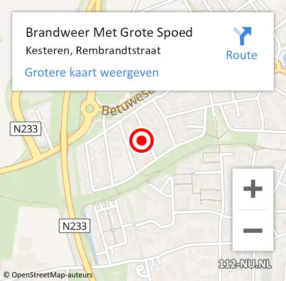 Locatie op kaart van de 112 melding: Brandweer Met Grote Spoed Naar Kesteren, Rembrandtstraat op 5 november 2022 11:37