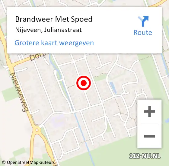 Locatie op kaart van de 112 melding: Brandweer Met Spoed Naar Nijeveen, Julianastraat op 5 november 2022 13:23