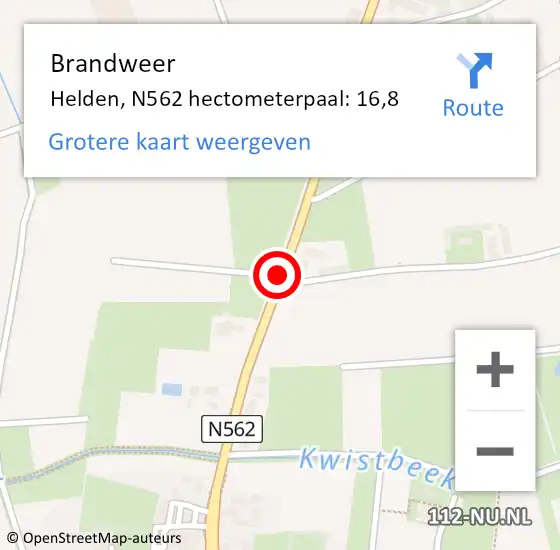 Locatie op kaart van de 112 melding: Brandweer Helden, N562 hectometerpaal: 16,8 op 4 augustus 2014 00:56