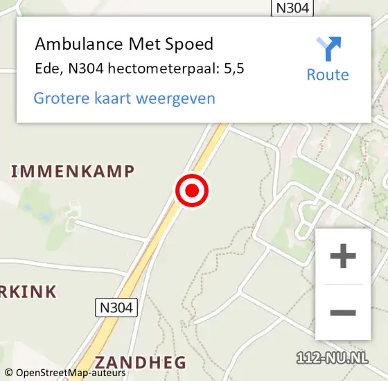 Locatie op kaart van de 112 melding: Ambulance Met Spoed Naar Ede, N304 hectometerpaal: 5,5 op 5 november 2022 13:47