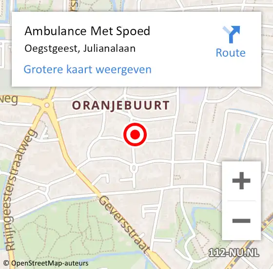 Locatie op kaart van de 112 melding: Ambulance Met Spoed Naar Oegstgeest, Julianalaan op 5 november 2022 15:21