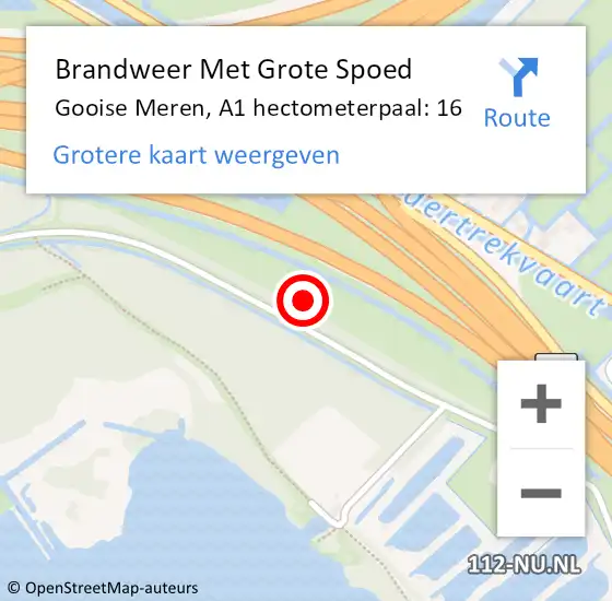 Locatie op kaart van de 112 melding: Brandweer Met Grote Spoed Naar Gooise Meren, A1 hectometerpaal: 16 op 5 november 2022 15:26