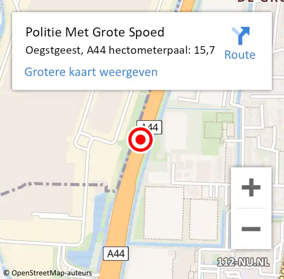 Locatie op kaart van de 112 melding: Politie Met Grote Spoed Naar Oegstgeest, A44 hectometerpaal: 15,7 op 5 november 2022 17:38