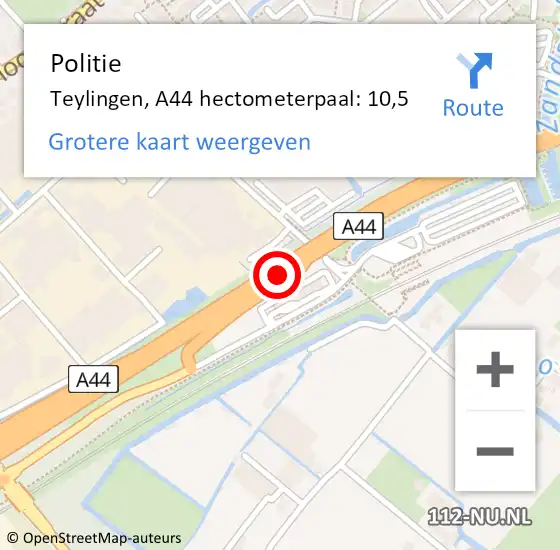 Locatie op kaart van de 112 melding: Politie Teylingen, A44 hectometerpaal: 10,5 op 5 november 2022 18:35