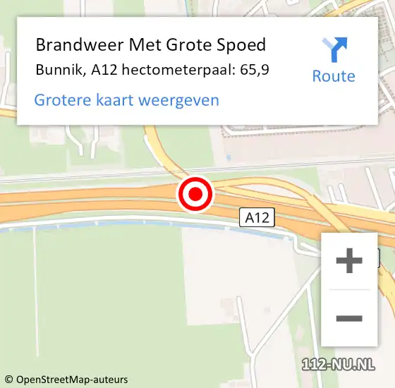 Locatie op kaart van de 112 melding: Brandweer Met Grote Spoed Naar Bunnik, A12 hectometerpaal: 65,9 op 5 november 2022 20:36