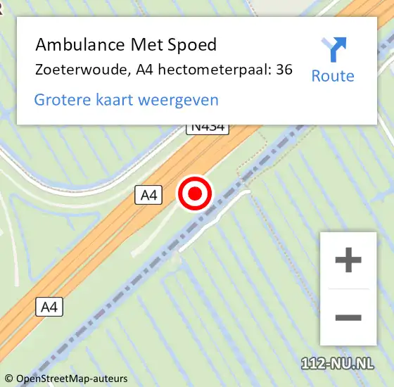 Locatie op kaart van de 112 melding: Ambulance Met Spoed Naar Zoeterwoude, A4 hectometerpaal: 36 op 5 november 2022 20:55