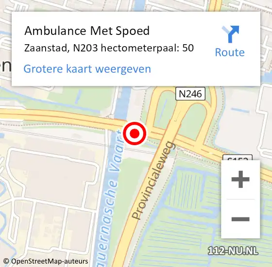 Locatie op kaart van de 112 melding: Ambulance Met Spoed Naar Zaanstad, N203 hectometerpaal: 50 op 5 november 2022 21:06