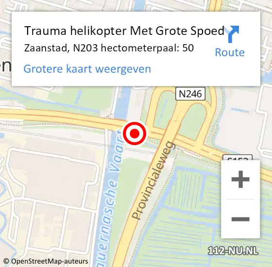 Locatie op kaart van de 112 melding: Trauma helikopter Met Grote Spoed Naar Zaanstad, N203 hectometerpaal: 50 op 5 november 2022 21:09