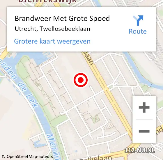 Locatie op kaart van de 112 melding: Brandweer Met Grote Spoed Naar Utrecht, Twellosebeeklaan op 5 november 2022 22:02