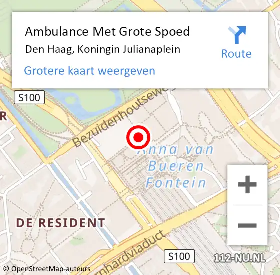Locatie op kaart van de 112 melding: Ambulance Met Grote Spoed Naar Den Haag, Koningin Julianaplein op 5 november 2022 22:12