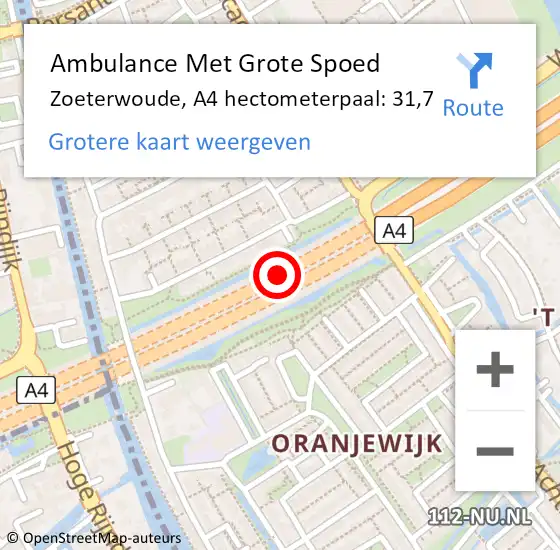 Locatie op kaart van de 112 melding: Ambulance Met Grote Spoed Naar Zoeterwoude, A4 hectometerpaal: 31,7 op 5 november 2022 22:58