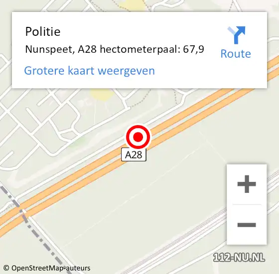 Locatie op kaart van de 112 melding: Politie Nunspeet, A28 hectometerpaal: 67,9 op 6 november 2022 00:16