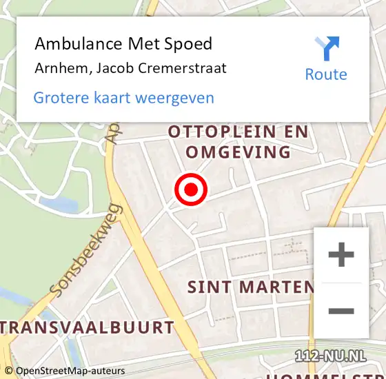 Locatie op kaart van de 112 melding: Ambulance Met Spoed Naar Arnhem, Jacob Cremerstraat op 6 november 2022 00:43