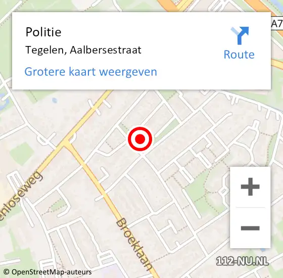 Locatie op kaart van de 112 melding: Politie Tegelen, Aalbersestraat op 6 november 2022 03:00