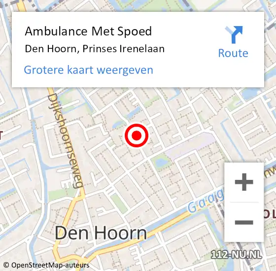 Locatie op kaart van de 112 melding: Ambulance Met Spoed Naar Den Hoorn, Prinses Irenelaan op 6 november 2022 10:46