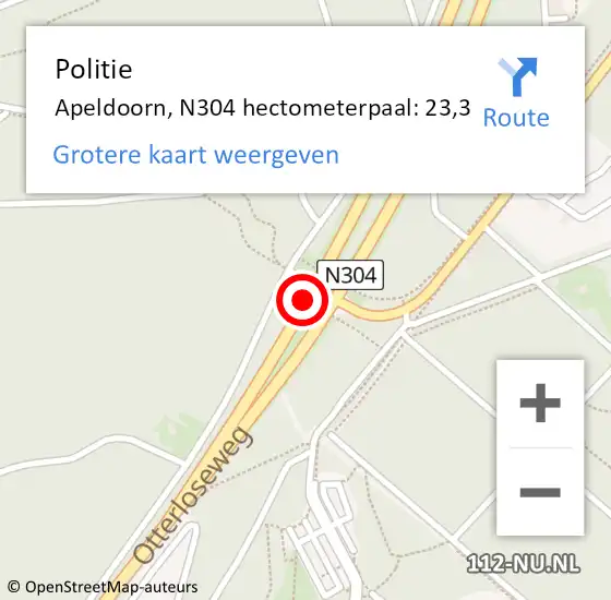 Locatie op kaart van de 112 melding: Politie Apeldoorn, N304 hectometerpaal: 23,3 op 6 november 2022 12:22