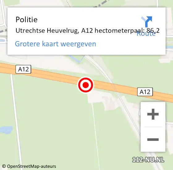 Locatie op kaart van de 112 melding: Politie Utrechtse Heuvelrug, A12 hectometerpaal: 86,2 op 6 november 2022 23:03