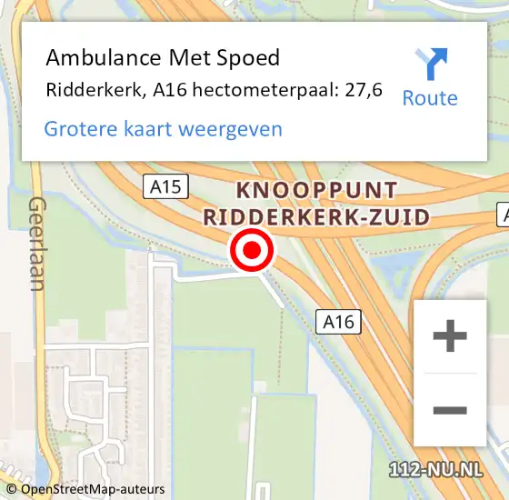 Locatie op kaart van de 112 melding: Ambulance Met Spoed Naar Ridderkerk, A16 hectometerpaal: 27,6 op 6 november 2022 23:31