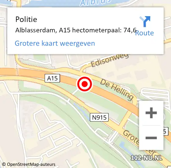 Locatie op kaart van de 112 melding: Politie Alblasserdam, A15 hectometerpaal: 74,6 op 7 november 2022 05:53