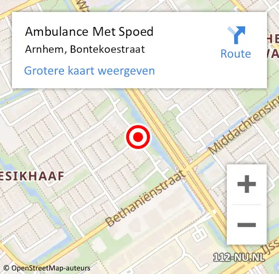 Locatie op kaart van de 112 melding: Ambulance Met Spoed Naar Arnhem, Bontekoestraat op 7 november 2022 06:11