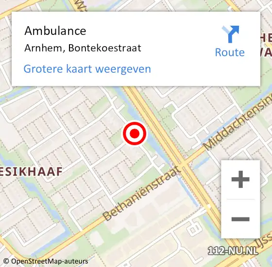 Locatie op kaart van de 112 melding: Ambulance Arnhem, Bontekoestraat op 7 november 2022 06:15