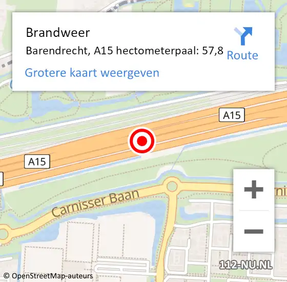 Locatie op kaart van de 112 melding: Brandweer Barendrecht, A15 hectometerpaal: 57,8 op 7 november 2022 08:54