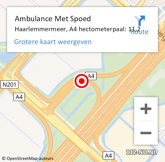 Locatie op kaart van de 112 melding: Ambulance Met Spoed Naar Haarlemmermeer, A4 hectometerpaal: 11,2 op 7 november 2022 09:02