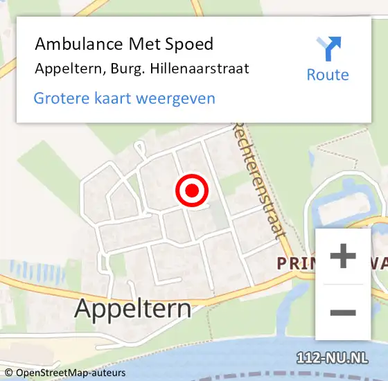 Locatie op kaart van de 112 melding: Ambulance Met Spoed Naar Appeltern, Burg. Hillenaarstraat op 7 november 2022 09:12