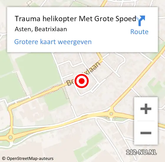 Locatie op kaart van de 112 melding: Trauma helikopter Met Grote Spoed Naar Asten, Beatrixlaan op 7 november 2022 10:36