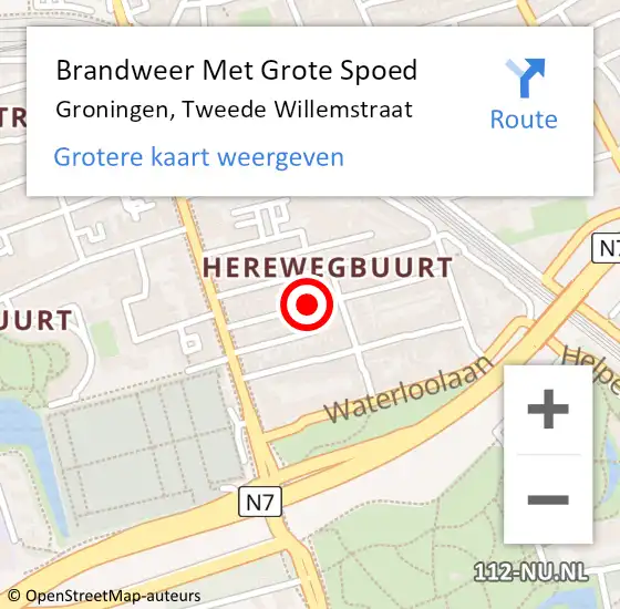 Locatie op kaart van de 112 melding: Brandweer Met Grote Spoed Naar Groningen, Tweede Willemstraat op 7 november 2022 11:39