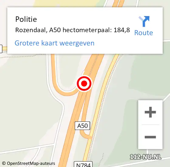 Locatie op kaart van de 112 melding: Politie Rozendaal, A50 hectometerpaal: 184,8 op 7 november 2022 15:13