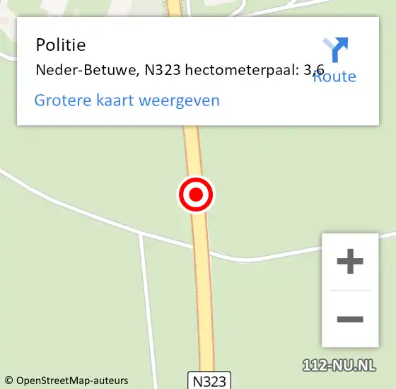 Locatie op kaart van de 112 melding: Politie Neder-Betuwe, N323 hectometerpaal: 3,6 op 7 november 2022 16:29