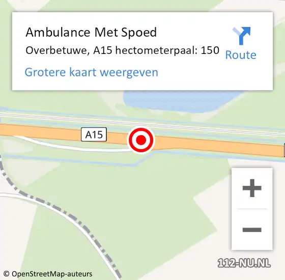 Locatie op kaart van de 112 melding: Ambulance Met Spoed Naar Overbetuwe, A15 hectometerpaal: 150 op 7 november 2022 16:43