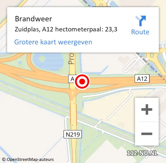 Locatie op kaart van de 112 melding: Brandweer Zuidplas, A12 hectometerpaal: 23,3 op 7 november 2022 17:11