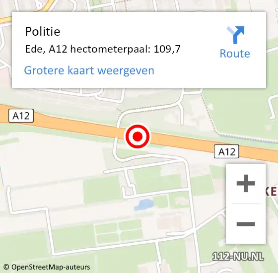 Locatie op kaart van de 112 melding: Politie Ede, A12 hectometerpaal: 109,7 op 7 november 2022 17:45