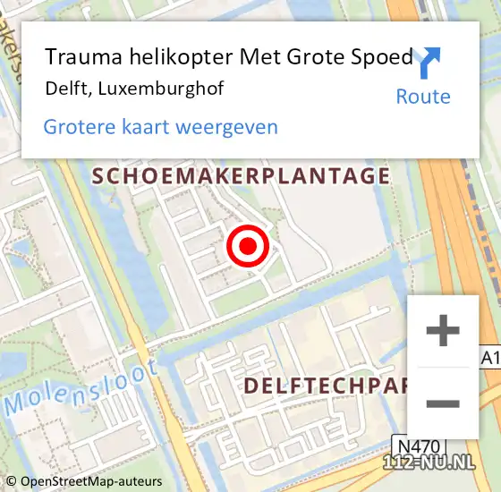 Locatie op kaart van de 112 melding: Trauma helikopter Met Grote Spoed Naar Delft, Luxemburghof op 7 november 2022 18:38