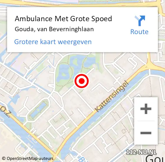 Locatie op kaart van de 112 melding: Ambulance Met Grote Spoed Naar Gouda, van Beverninghlaan op 7 november 2022 19:56