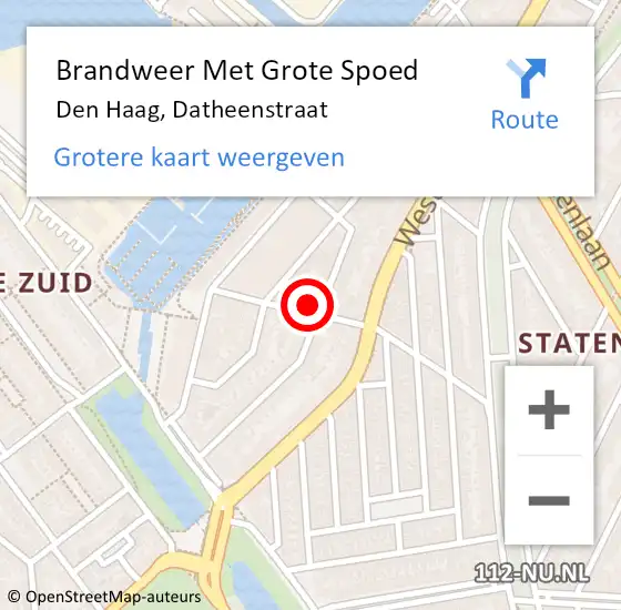 Locatie op kaart van de 112 melding: Brandweer Met Grote Spoed Naar Den Haag, Datheenstraat op 7 november 2022 22:37