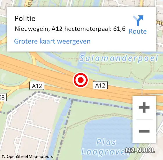 Locatie op kaart van de 112 melding: Politie Nieuwegein, A12 hectometerpaal: 61,6 op 8 november 2022 07:09