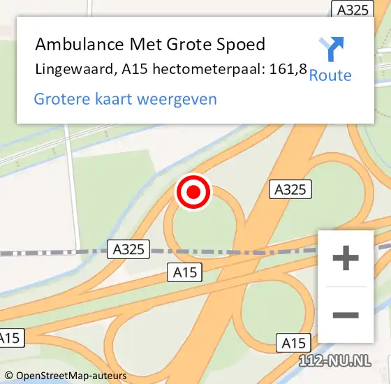 Locatie op kaart van de 112 melding: Ambulance Met Grote Spoed Naar Lingewaard, A15 hectometerpaal: 161,8 op 8 november 2022 07:22