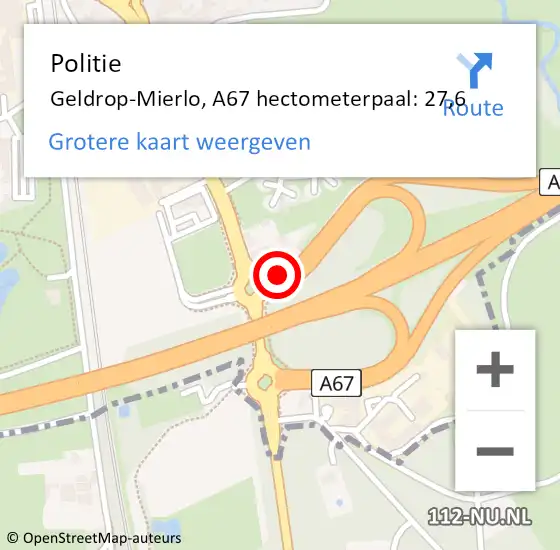 Locatie op kaart van de 112 melding: Politie Geldrop-Mierlo, A67 hectometerpaal: 27,6 op 8 november 2022 07:36