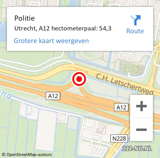 Locatie op kaart van de 112 melding: Politie Utrecht, A12 hectometerpaal: 54,3 op 8 november 2022 07:45