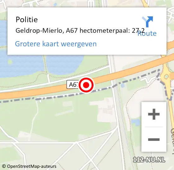 Locatie op kaart van de 112 melding: Politie Geldrop-Mierlo, A67 hectometerpaal: 27,2 op 8 november 2022 07:47