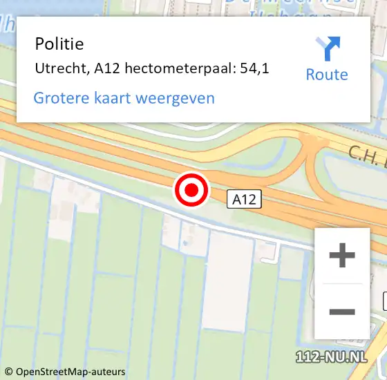 Locatie op kaart van de 112 melding: Politie Utrecht, A12 hectometerpaal: 54,1 op 8 november 2022 07:47