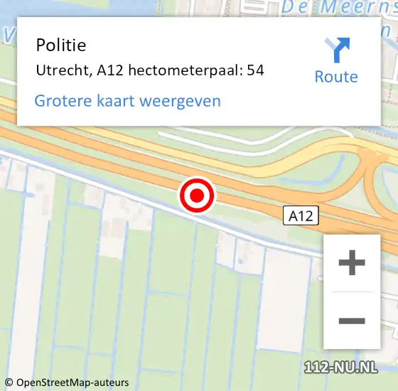 Locatie op kaart van de 112 melding: Politie Utrecht, A12 hectometerpaal: 54 op 8 november 2022 07:47