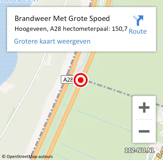 Locatie op kaart van de 112 melding: Brandweer Met Grote Spoed Naar Hoogeveen, A28 hectometerpaal: 150,7 op 8 november 2022 09:48