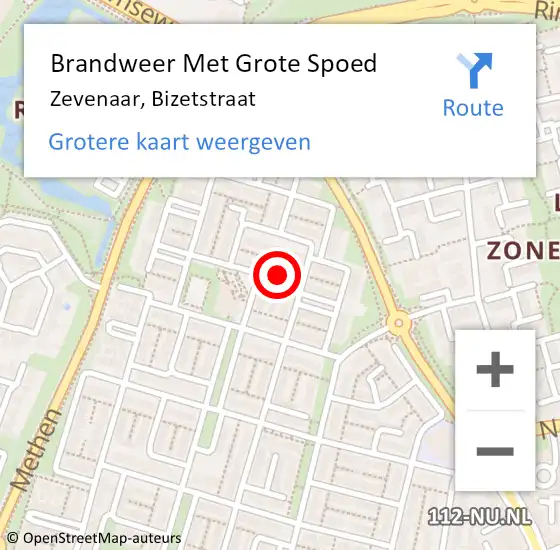 Locatie op kaart van de 112 melding: Brandweer Met Grote Spoed Naar Zevenaar, Bizetstraat op 8 november 2022 09:51