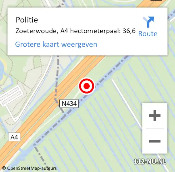 Locatie op kaart van de 112 melding: Politie Zoeterwoude, A4 hectometerpaal: 36,6 op 8 november 2022 12:01