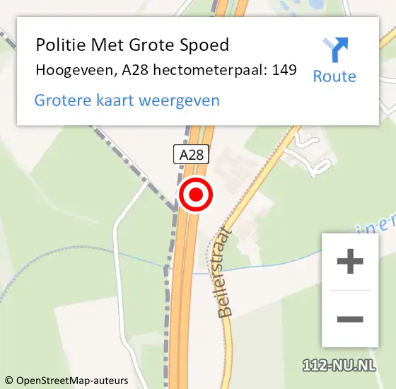Locatie op kaart van de 112 melding: Politie Met Grote Spoed Naar Hoogeveen, A28 hectometerpaal: 149 op 8 november 2022 12:44