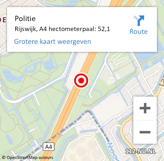 Locatie op kaart van de 112 melding: Politie Rijswijk, A4 hectometerpaal: 52,1 op 8 november 2022 13:32